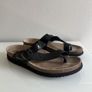 Mephisto Helen Black Paint Leather & Cork Slip On Sandals Size 40